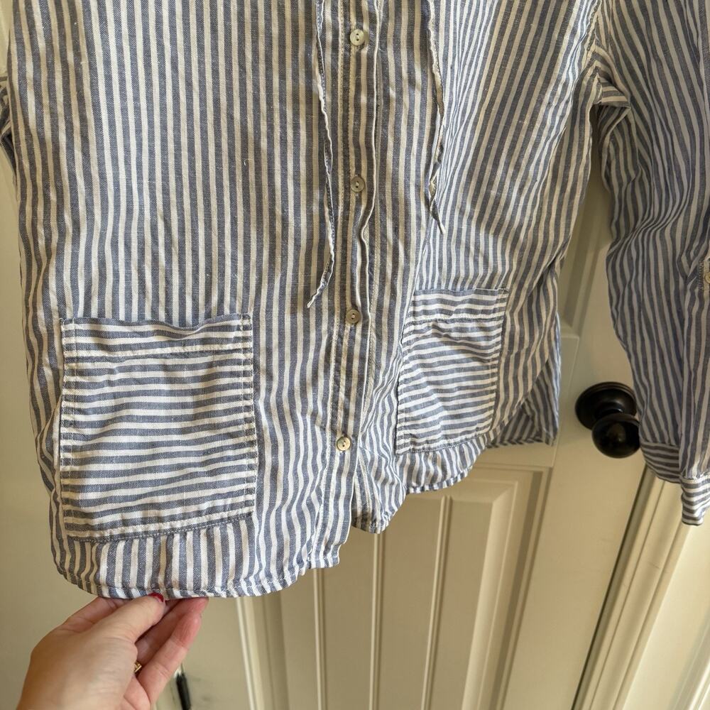 Tahari 100% Linen Tunic Blouse Blue Stripe Women’s Size Medium Has Hood - Picture 5 of 9